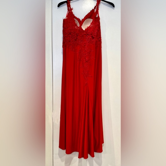 Red Embroidered Spaghetti Strap Gown, Bra inserts added, Size 10 - Picture 4 of 5